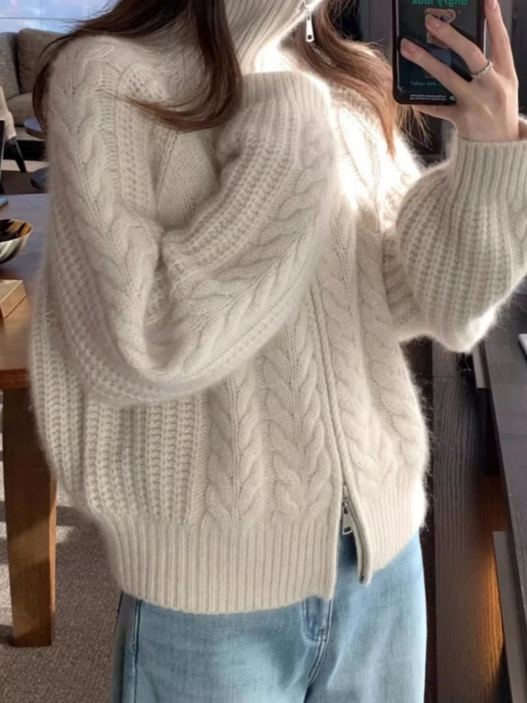 欧货重工加厚麻花拉链毛衣外套2025秋冬新款高级感保暖气质针织衫