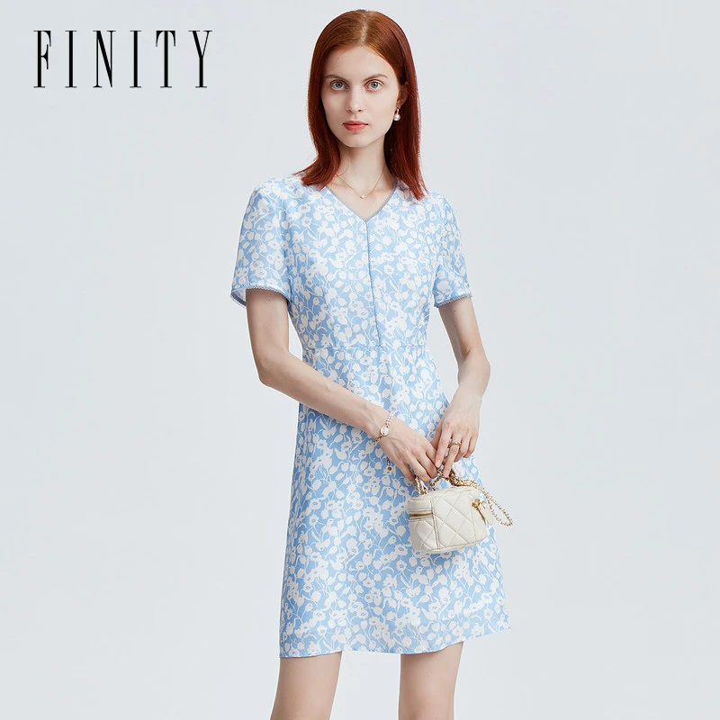 【专属】FINITY 新款桑蚕丝印花拼接蓝色修身裙子 F21W4A38L3