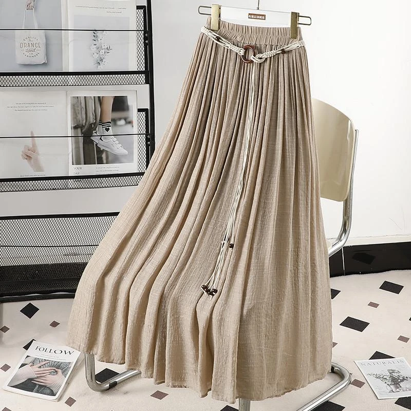夏季新中式复古仿棉麻垂感半身裙女2025新款显瘦百褶松紧长裙子