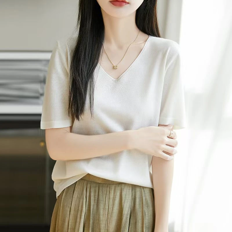 短袖V领毛针织衫女夏季针织衫显瘦宽松简约