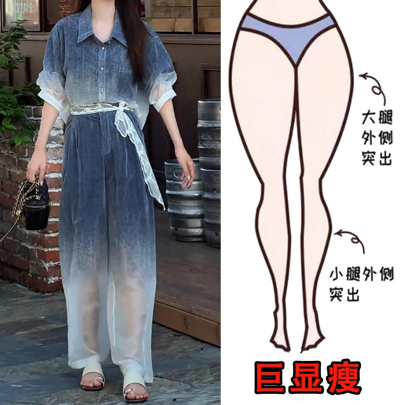 2025夏季薄款渐变色休闲两件套装女宽松显瘦短袖上衣阔腿休闲长裤