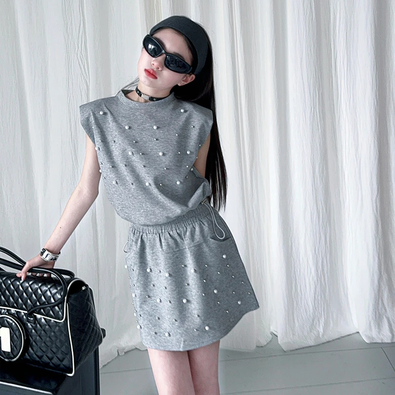 女童夏季半身裙套装2025新款钉珠无袖背心短裙中大童女孩潮酷夏装