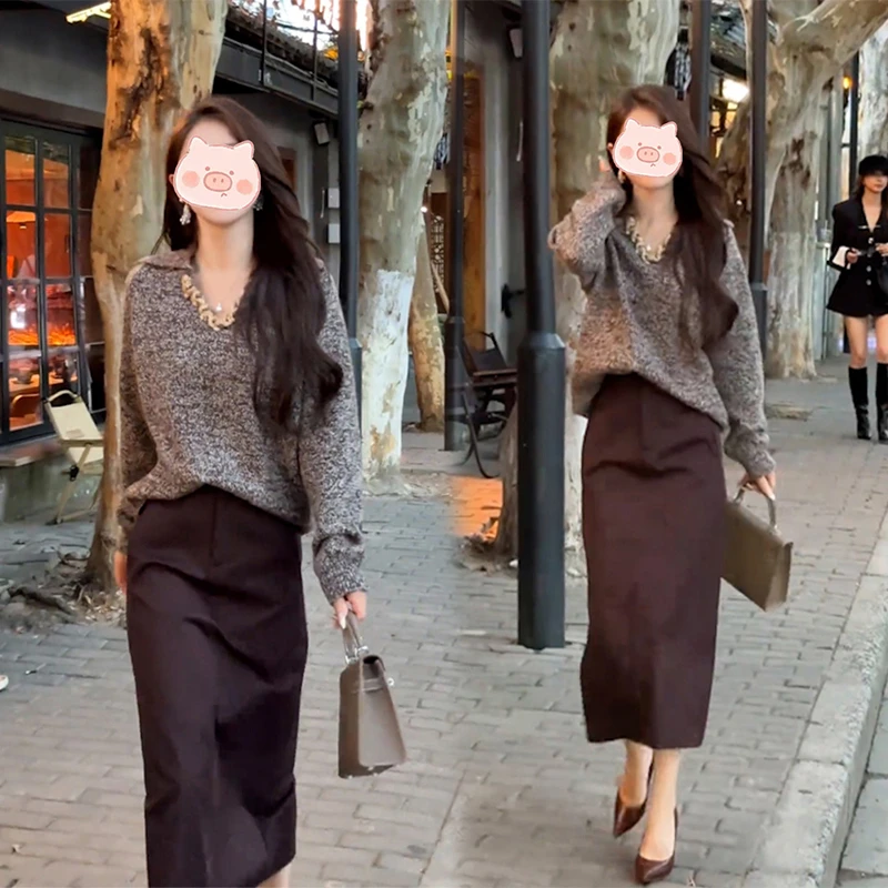 时尚洋气套装裙女秋季新款韩版复古百搭宽松针织衫半身裙两件套装