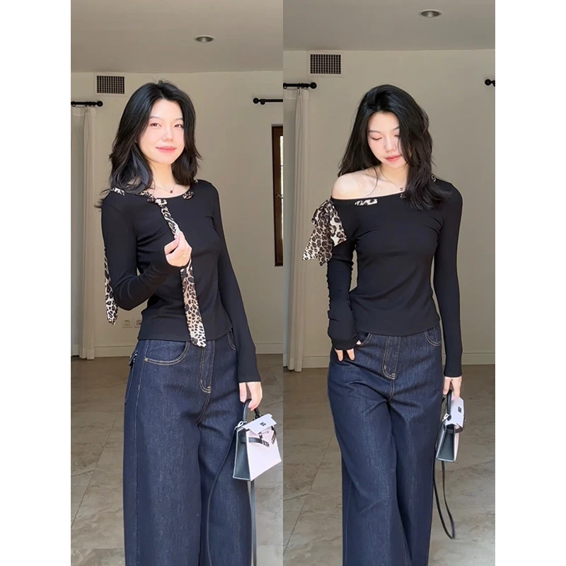 郭九九呢 豹纹系带修身显瘦两穿长袖T恤阔腿牛仔裤长裤G925Y00267