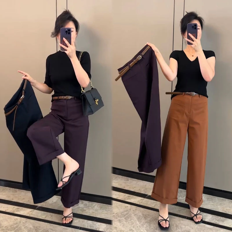 欧货2025秋季新款直筒裤静奢风高腰腰带休闲裤气质阔腿裤女裤百搭