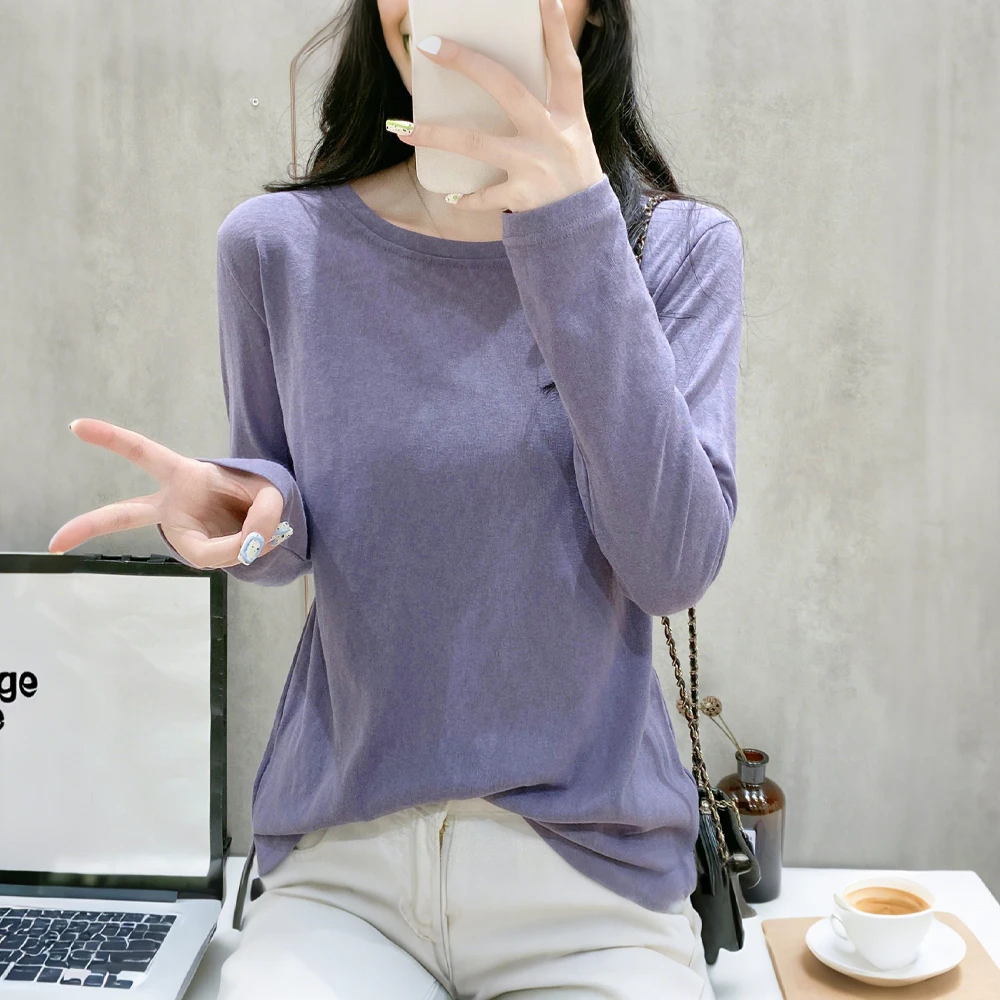 白色长袖T恤女薄款上衣女早秋韩版圆领宽松透气慵懒打底复古体恤