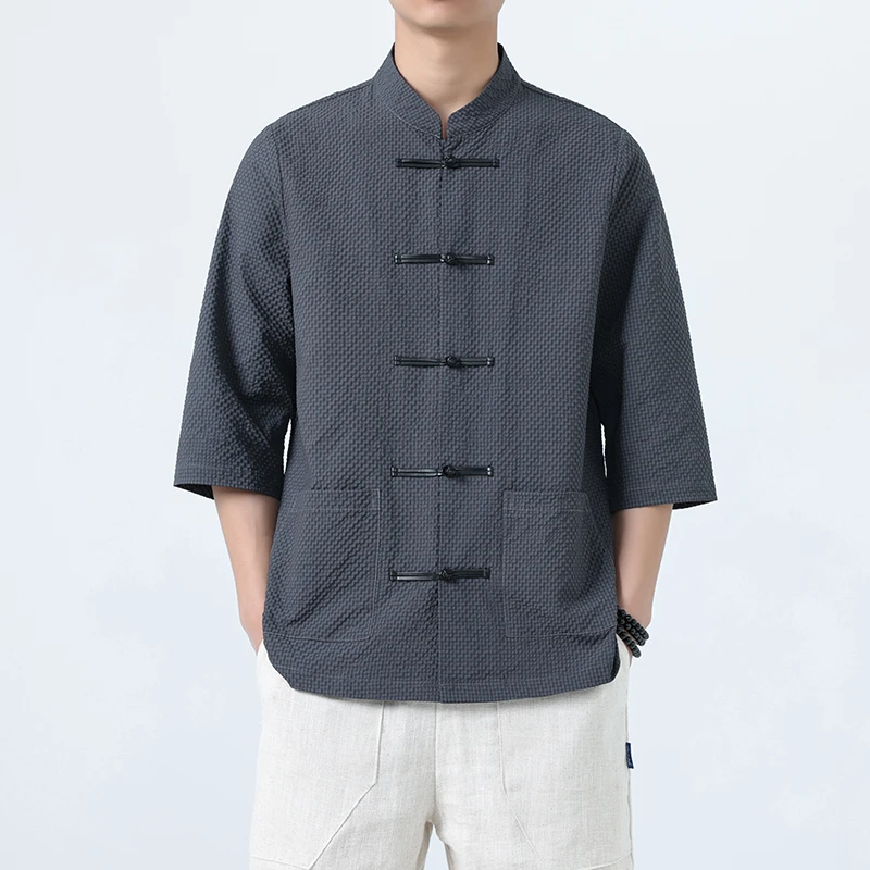 中国风夏季男士唐装中袖衬衫新中式大码薄款五分袖盘扣衬衣外套男