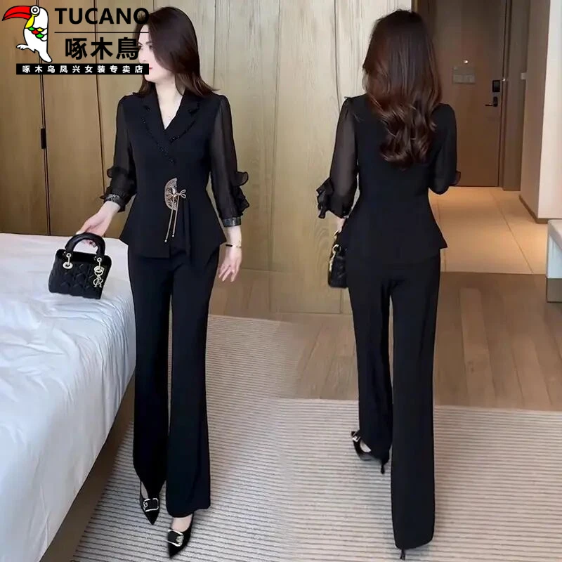 啄木鸟新款中式优雅套装女2025春显瘦气质国风盘扣上衣喇叭裤聚酯