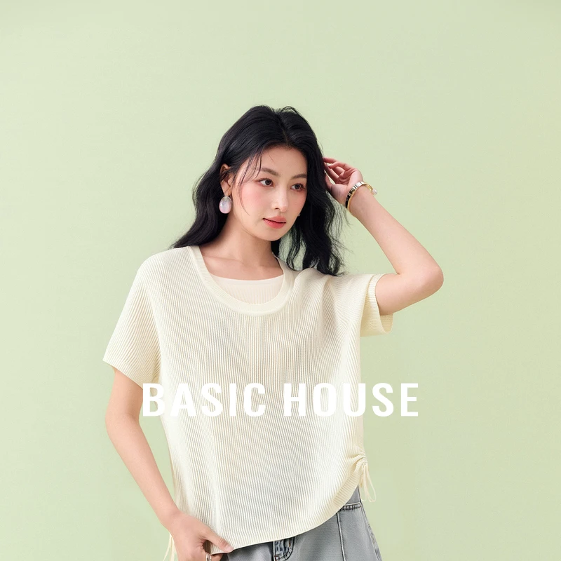 Basic House/百家好假两件抽绳短袖上衣夏季新款舒适百搭针织衫女