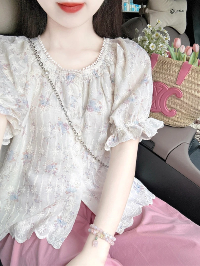 夏季甜美小清新碎花娃娃衬衫女独特设计感超仙气公主泡泡短袖上衣