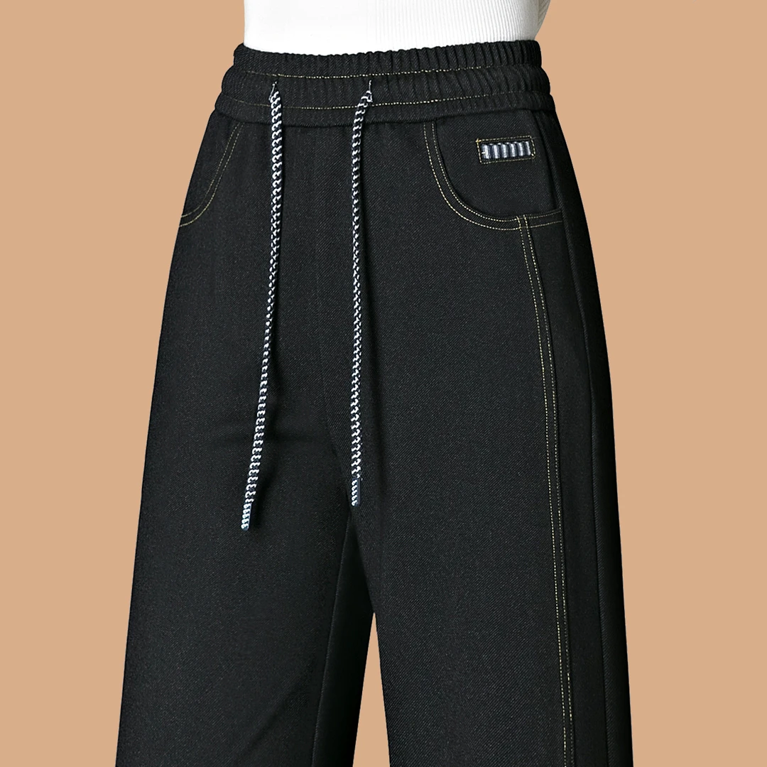 抽绳系带松紧腰牛仔裤女士2025春秋季新款宽松阔腿裤高腰直筒长裤