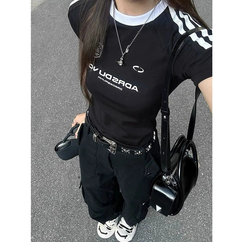 潮牌美式复古三条杠黑色短袖t恤女修身设计感小众显瘦百搭上衣夏