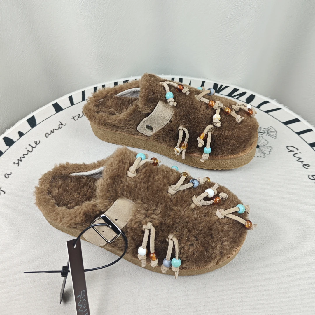 SGIRL TWTW厚底加绒串珠流苏包头半拖女2025韩版一脚蹬外穿毛毛鞋