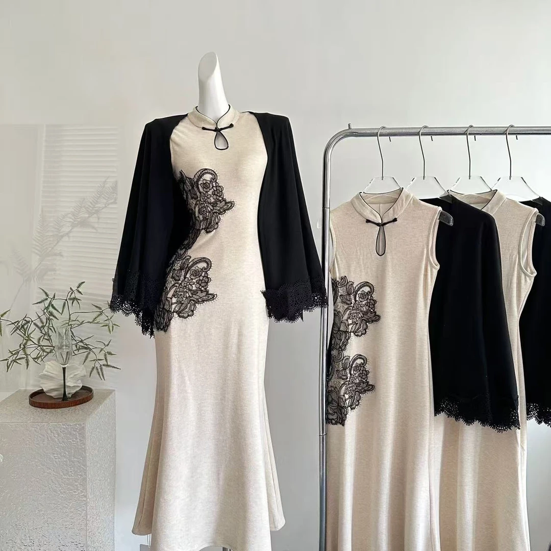 2025初秋新中式无袖旗袍针织连衣裙长裙开衫两件套套装