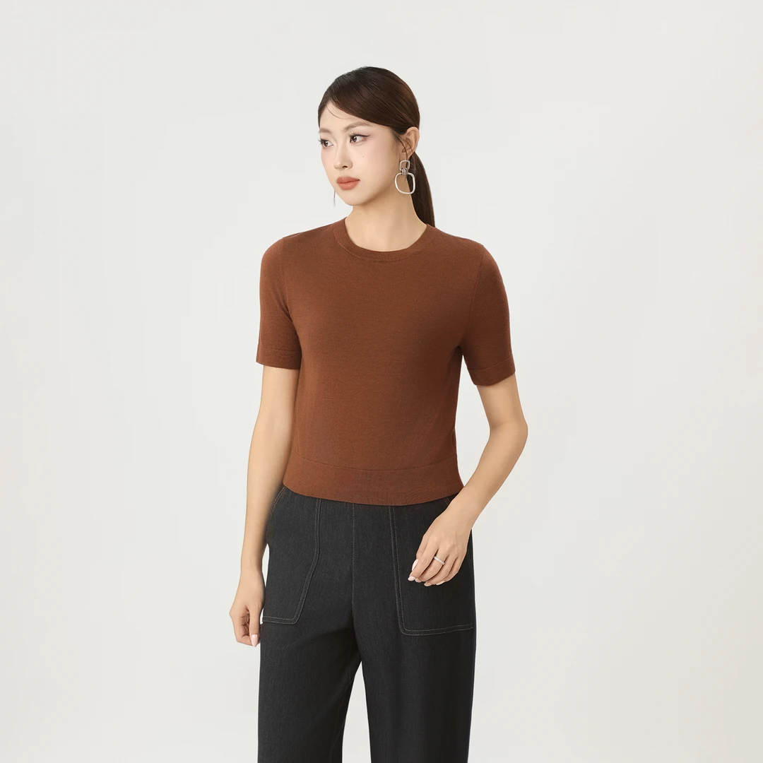 GIRDEAR/哥弟秋季ins羊毛上衣慵懒舒适圆领套头短袖针织衫138101