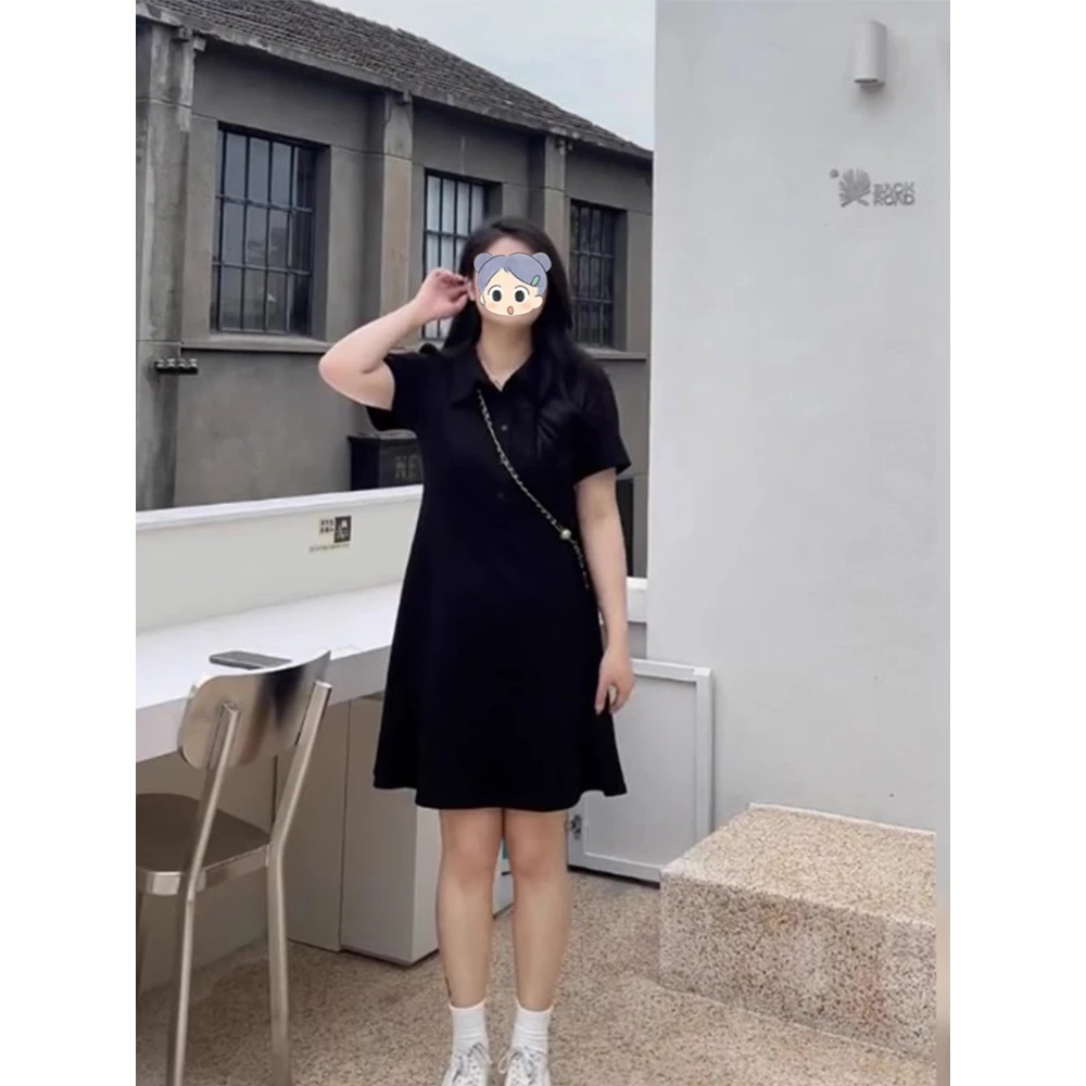 大码赫本风法式复古裙子女正肩POLO领连衣裙胖mm收腰显瘦气质短裙