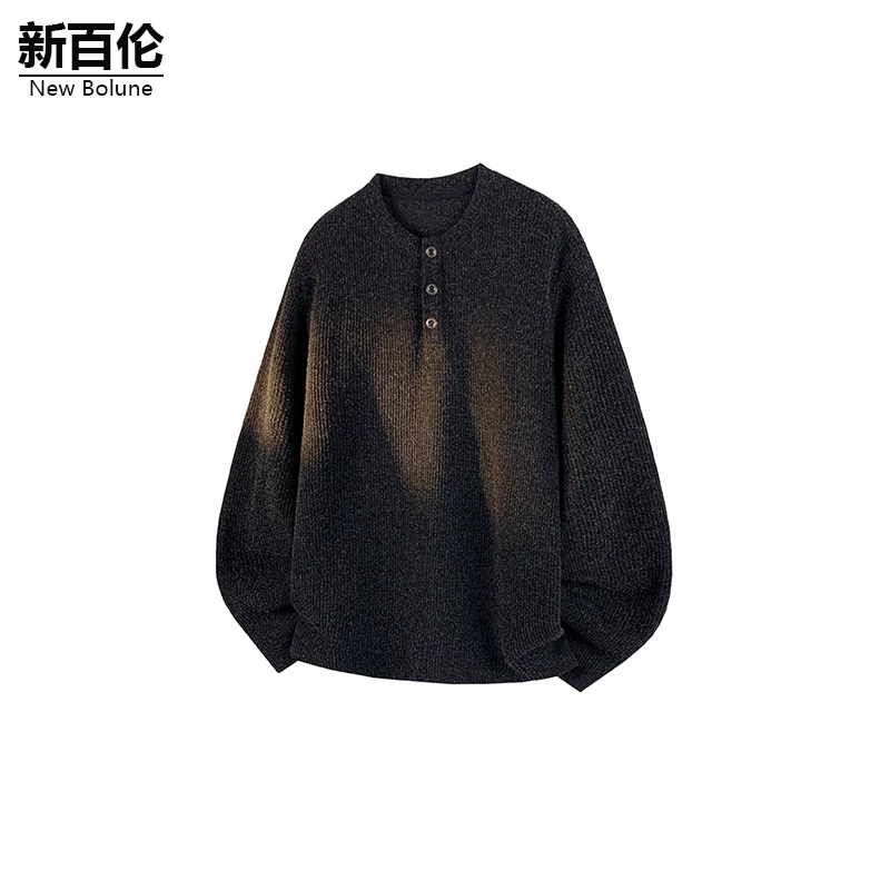 新百伦/NEW BOLUNE重磅老钱风T恤男秋季新款肌理感亨利领针织长袖