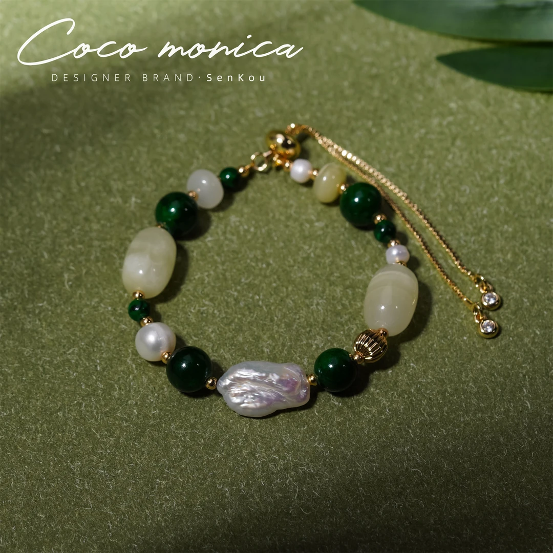 【小霞珠宝】珍珠方解石琉璃西瓜手链手工时尚绿色手作AC690百搭