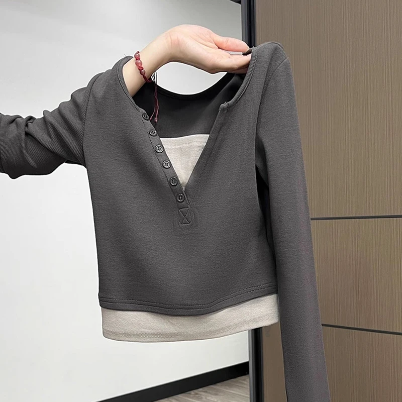 设计感叠穿假两件长袖T恤女春秋季正肩纯棉显瘦韩版修身打底衫