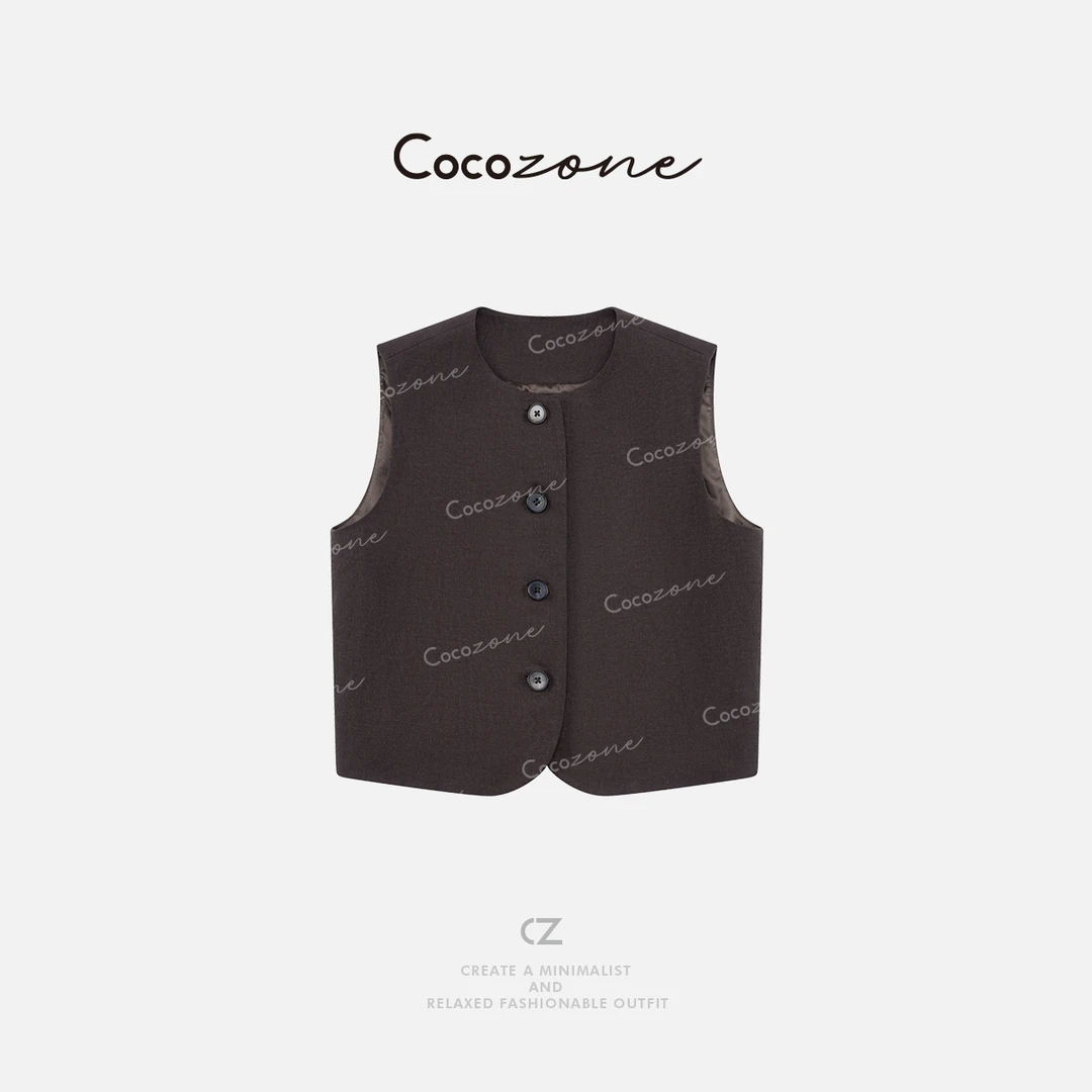 COCO ZONE 刘一一 【100亚麻】V领单排扣复古圆领马甲CD2A0718
