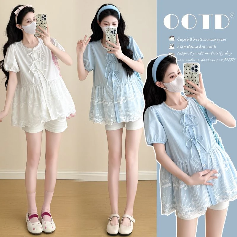 孕妇夏季新款刺绣网纱拼接宽松设计感系带上衣托腹短裤两件套装