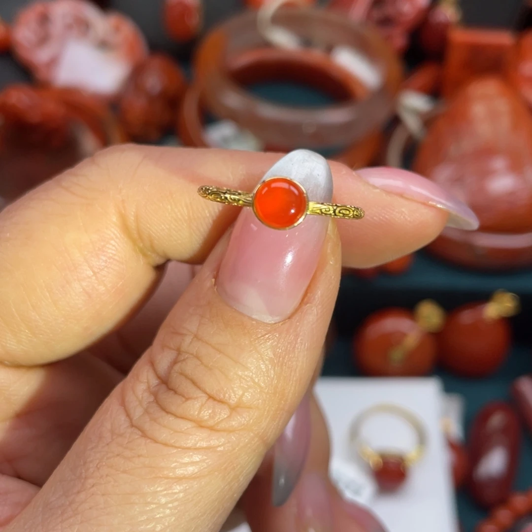 南红玛瑙银S925镶嵌保山南红冰红戒指