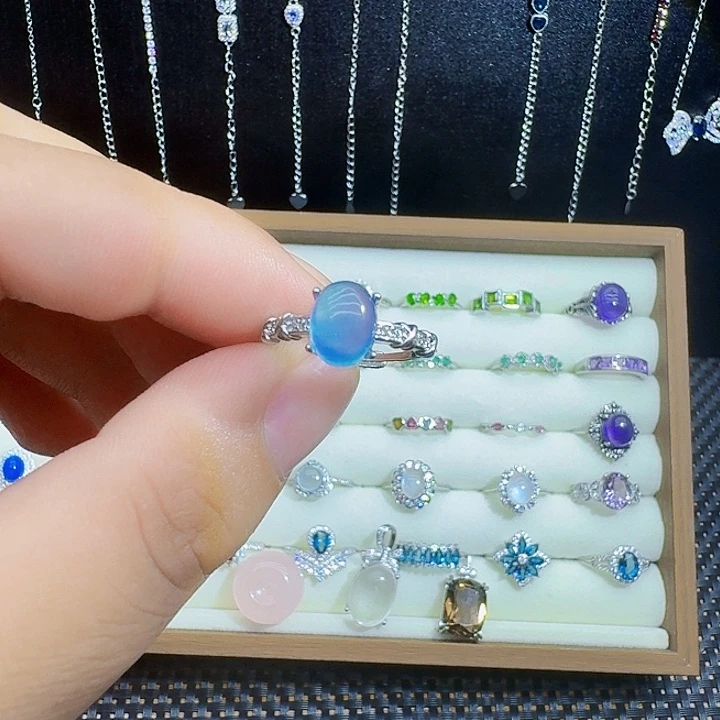 银S925镶嵌戒圈海蓝宝石