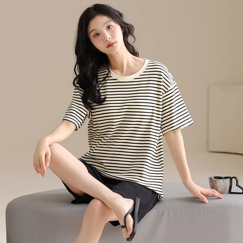 睡衣女士春夏100%纯棉短袖短裤条纹宽松学生新款可外穿套装家居服