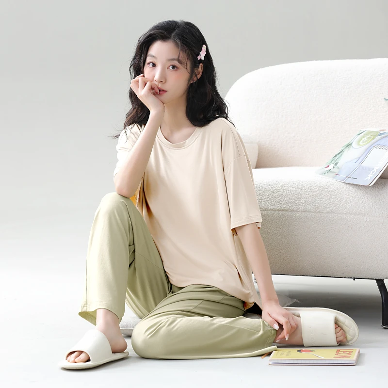 莫代尔睡衣女夏凉感带胸垫宽松薄款短袖长裤套装莫兰迪多色系M08