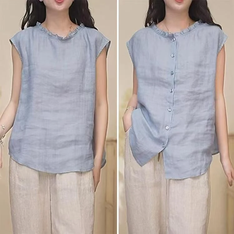 【运费险】新款前后两穿宽松文艺木耳领无袖衬衫女夏季休闲百搭上衣