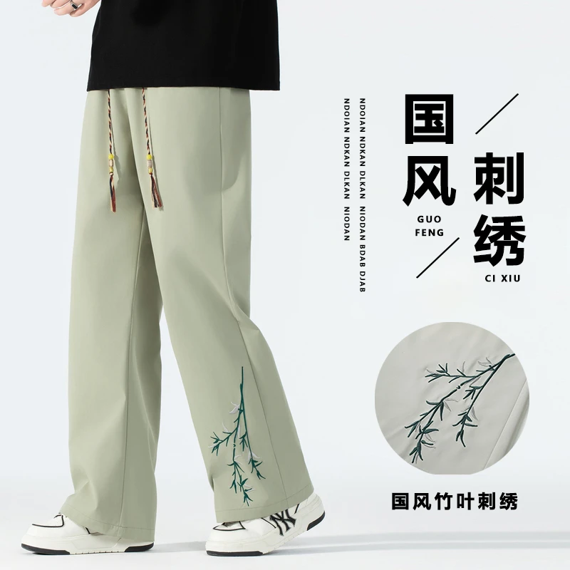 潮竹叶刺绣男士痞帅直筒裤百搭九分长裤阔腿裤休闲裤夏季男士