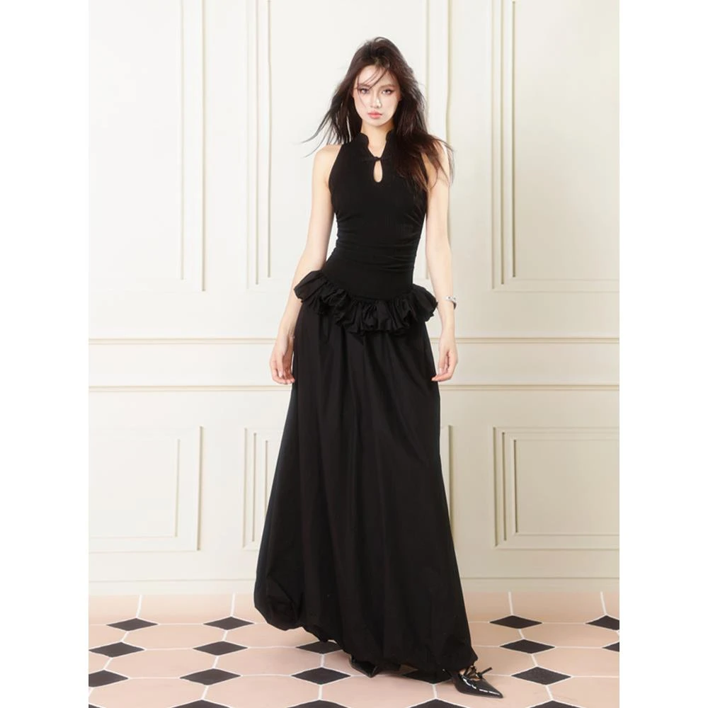 新中式改良旗袍2024新款气质高级感成人礼服黑色挂脖连衣裙女夏季