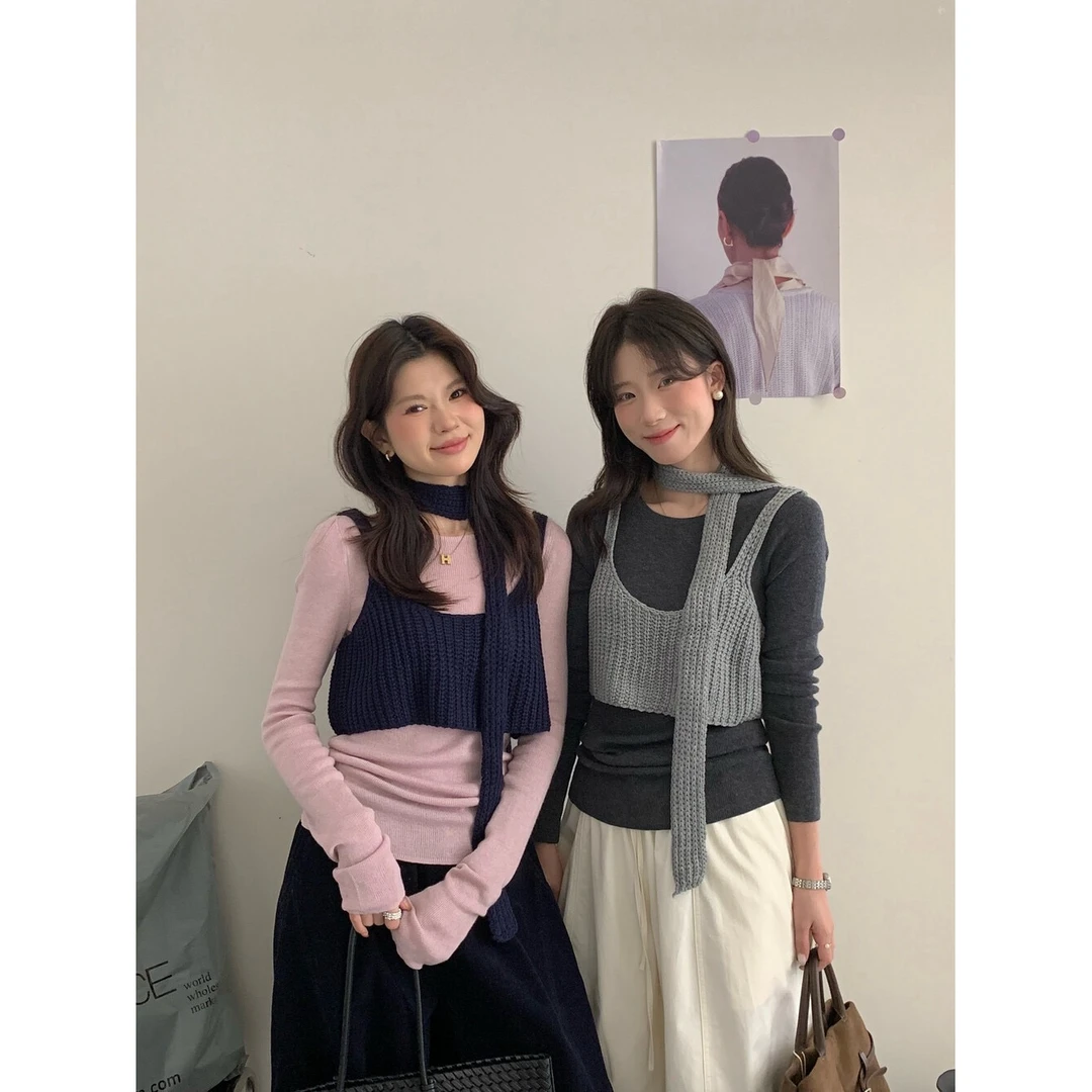 三件套长袖百搭针织打底上衣+短款针织背心+飘带气质套装