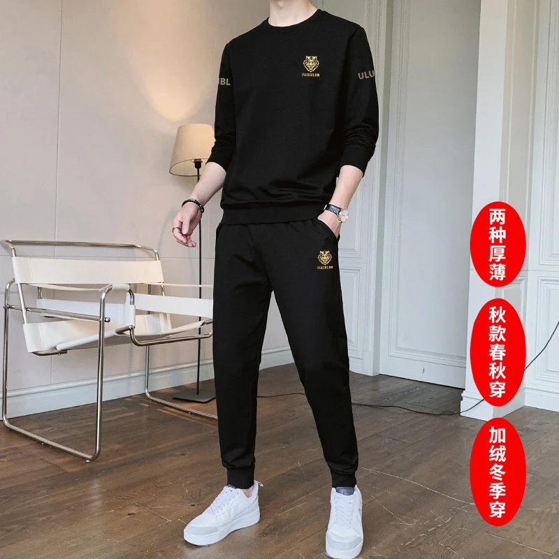潮牌高端卫衣套装男2025春秋季加绒加厚青少年休闲时尚帅气两件套