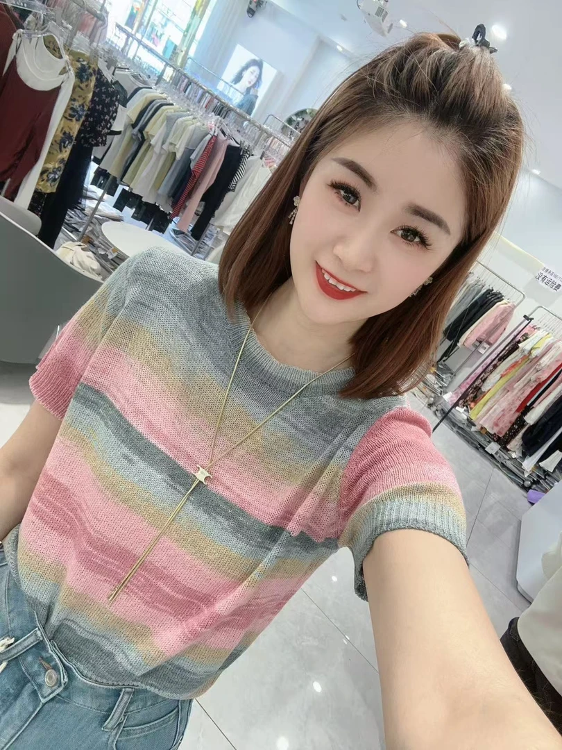 甜美圆领条纹针织衫短袖白色上衣