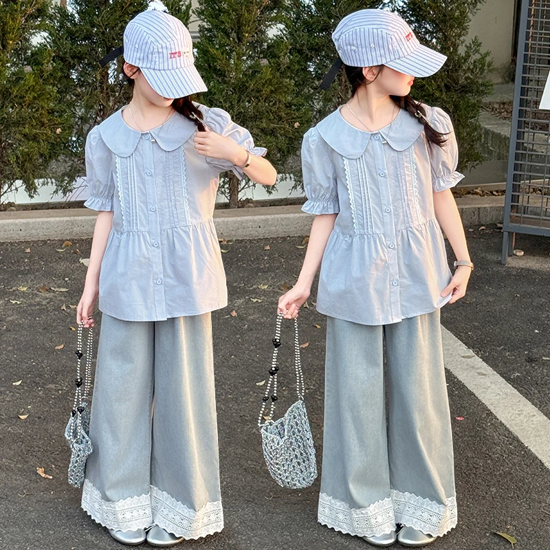 女童夏季娃娃衫套装2025新款短袖衬衫上衣女大童牛仔阔腿裤两件套