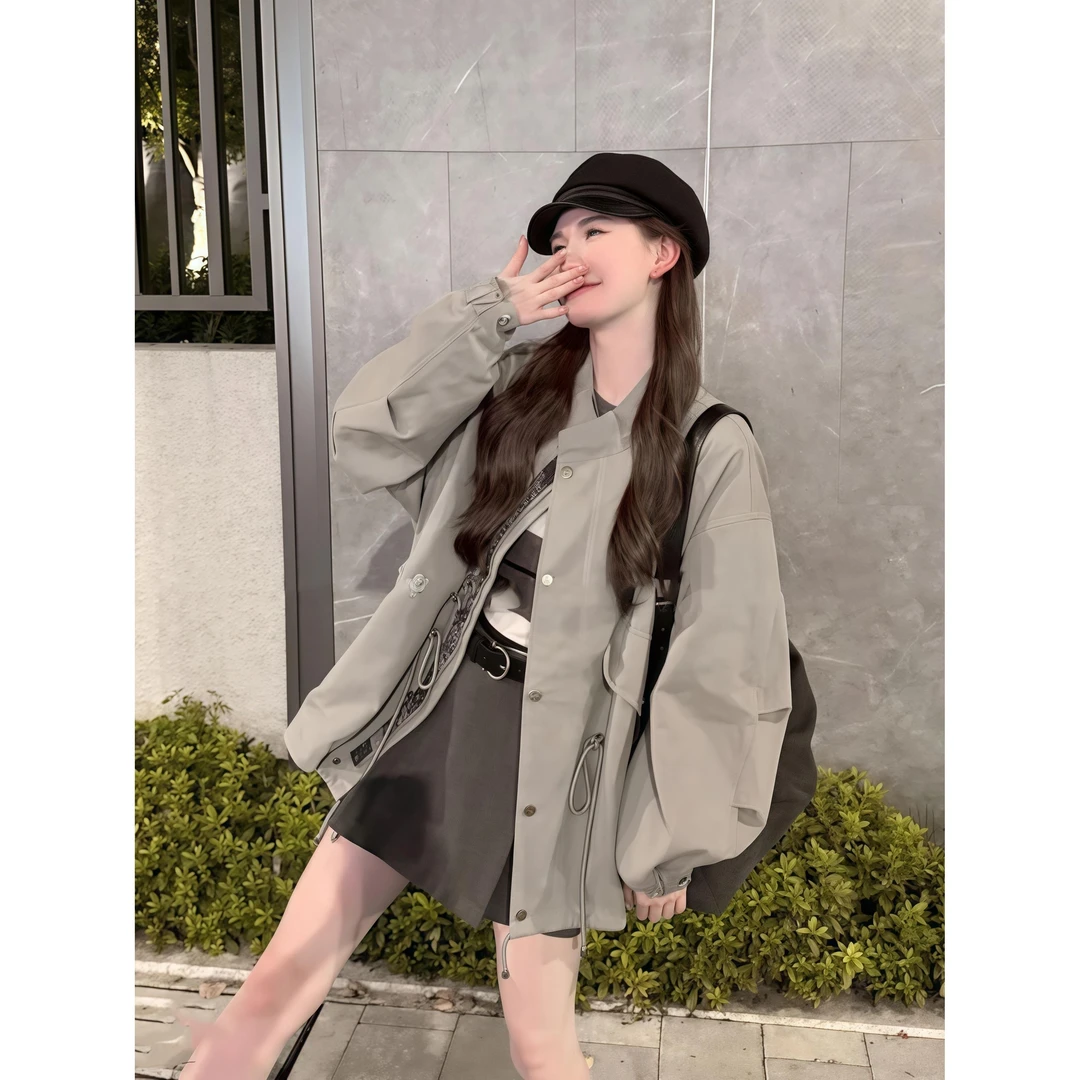 韩系高级感休闲中长款风衣女潮流秋新款韩版宽松抽绳立领大衣外套