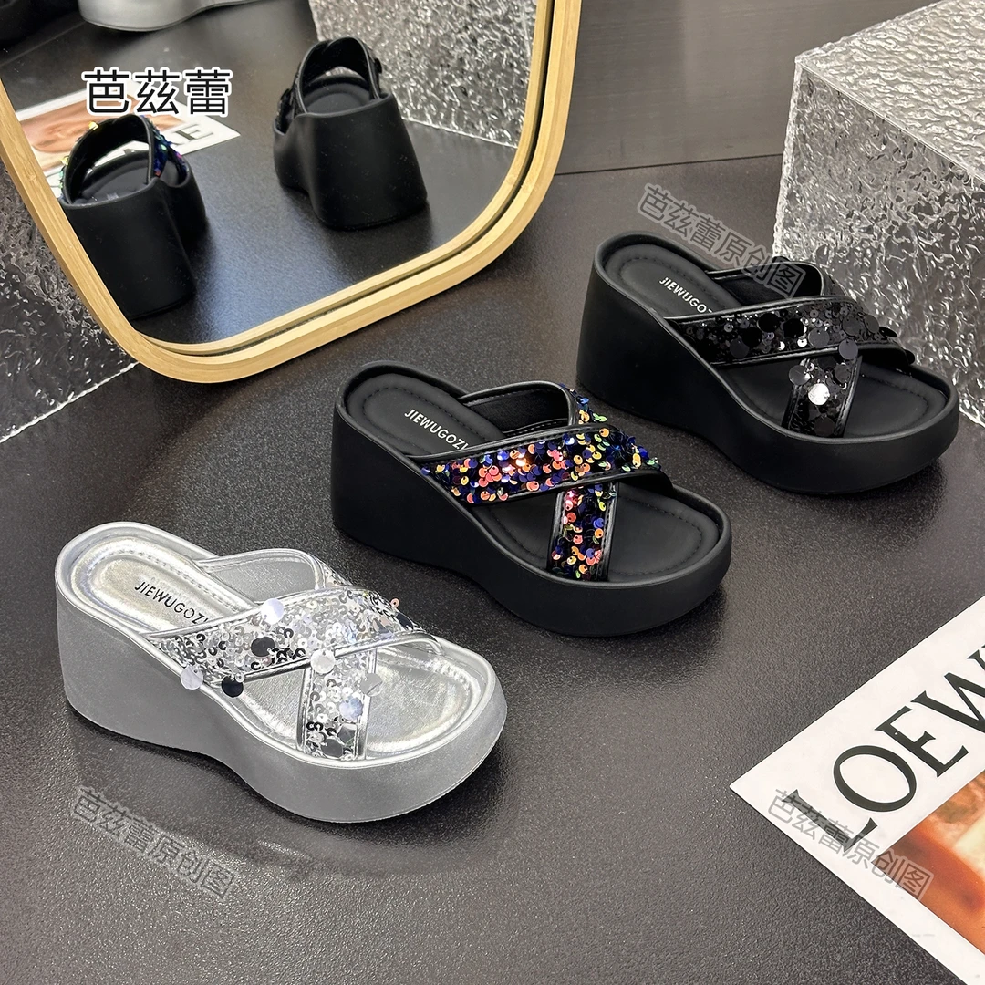 网红高跟亮片拖鞋女2025夏季凉拖鞋时尚厚底防滑一字拖百搭凉拖