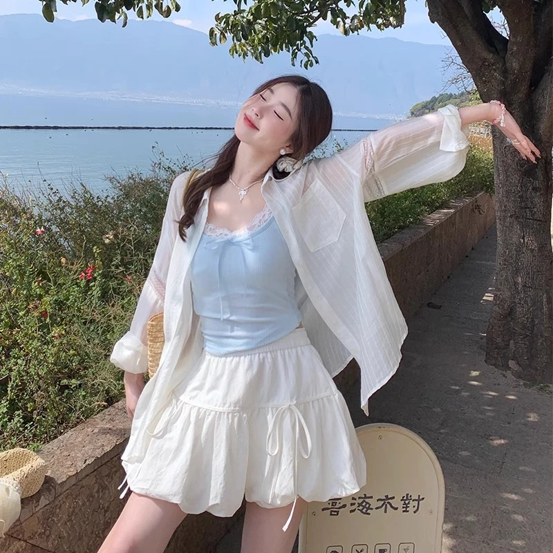 白色衬衫套装女2025新款爆款夏日穿搭一整套甜美风蕾丝背心短裙