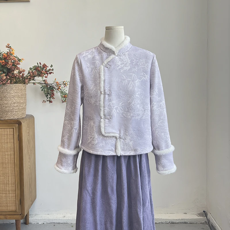 4230《雾散涴竹》原创冬季新中式气质毛领衬衫精致文艺上衣