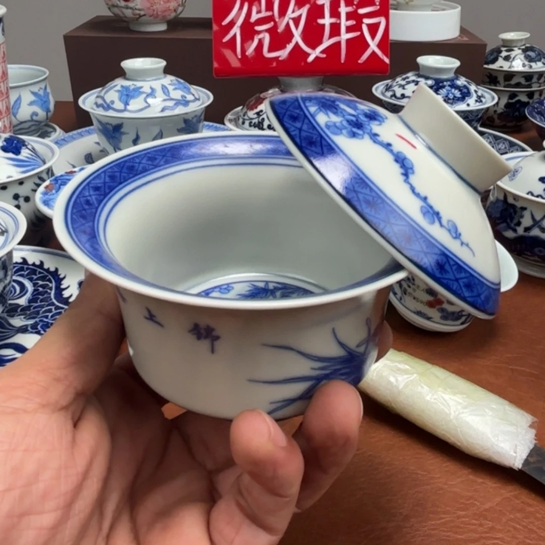 陶摆件微瑕花鸟盖碗景德镇发货