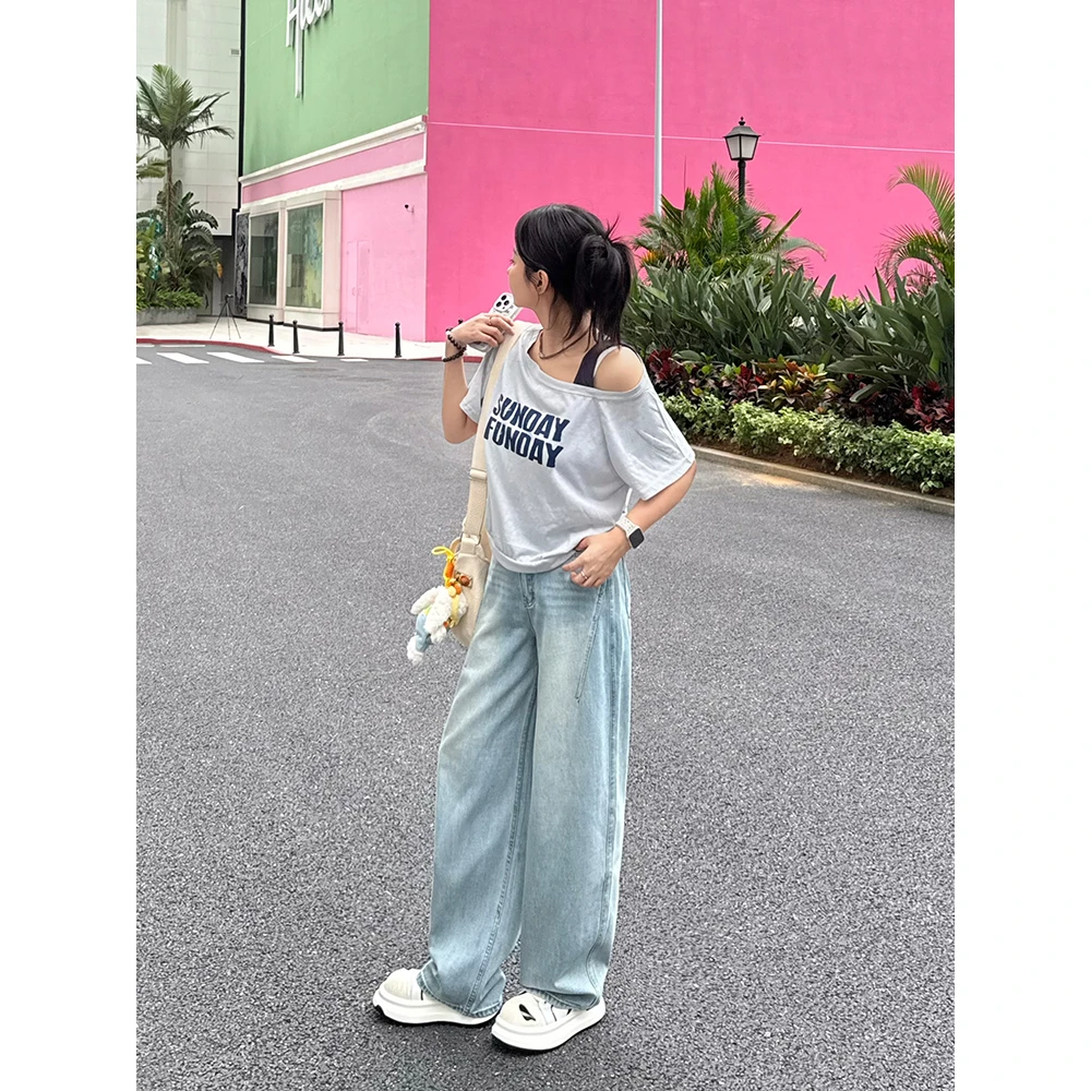 DUOXINIU/多喜牛Oye夏季新款弯刀裤阔腿牛仔裤休闲百搭复古宽松
