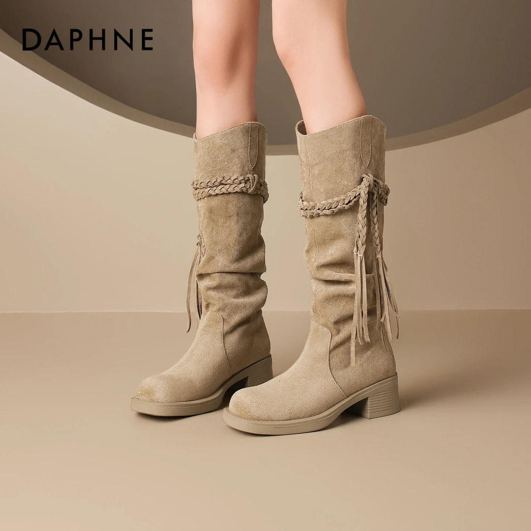 达芙妮复古西部牛仔靴女款2025秋季新款美拉德靴子百搭粗跟长筒靴
