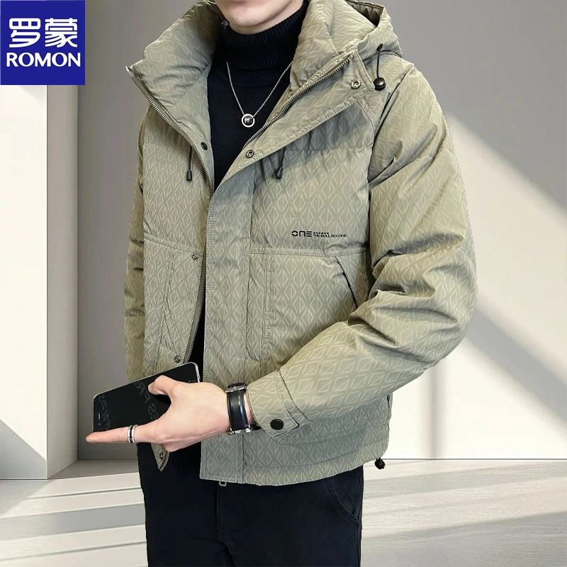 Romon/罗蒙防寒棉服男士冬季连帽时尚印花潮牌加厚保暖冬装外套