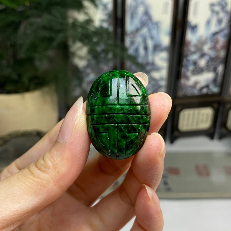 满绿长寿纹蛋面裸石吊坠 天然翡翠A货