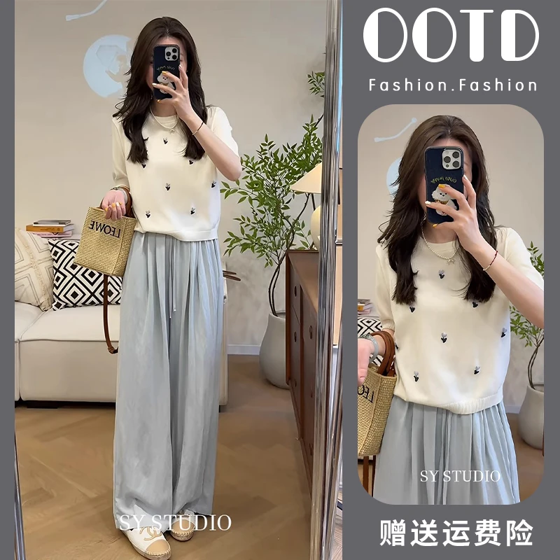 2025超火夏装套装独特设计感超好看短袖针织衫女阔腿休闲裤两件套