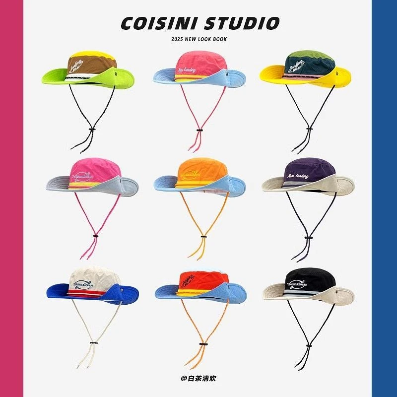 2025新款复古工装多巴胺拼色大檐渔夫帽子女春夏季户外防晒登山帽