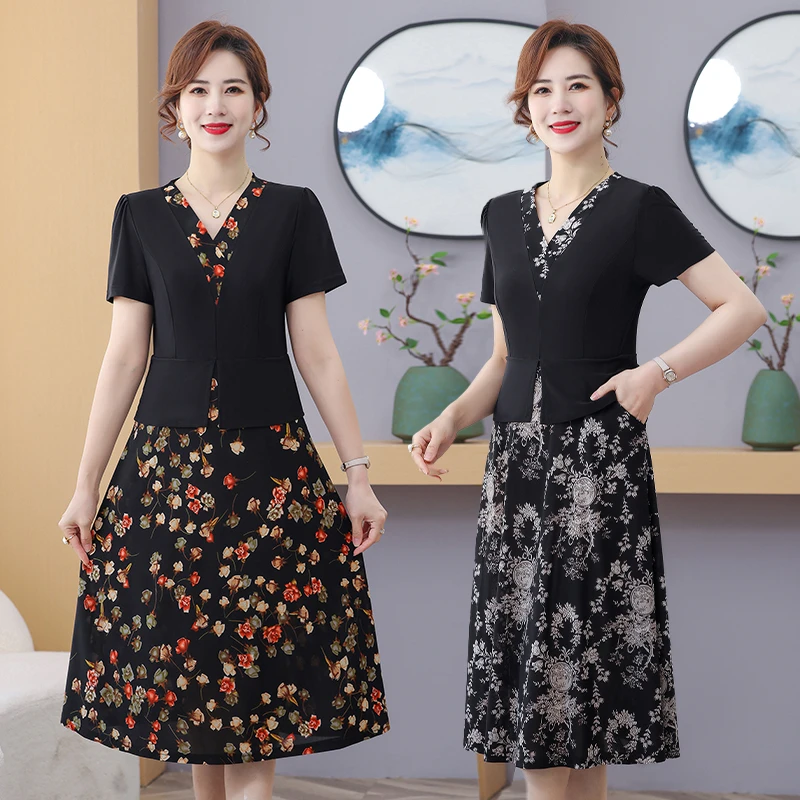 中老年女装法式大码中老年连衣裙夏装夏季大码遮肚显瘦中长款洋气