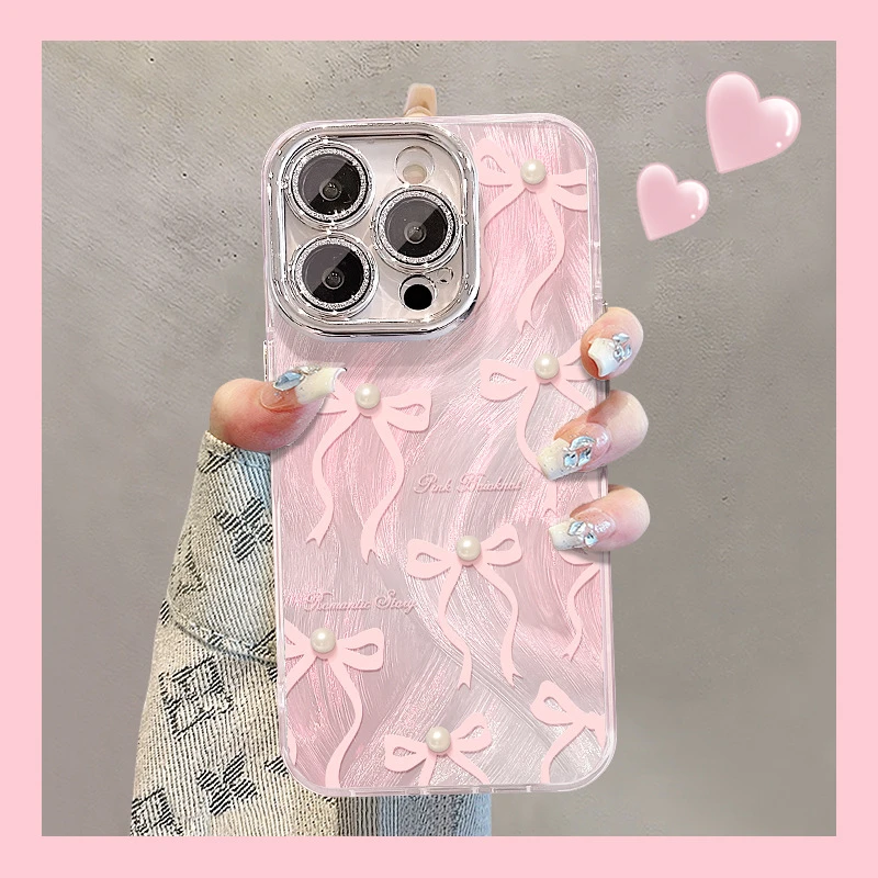 珍珠蝴蝶结链条适用苹果16promax羽纱手机壳15镜头膜14高级防摔17