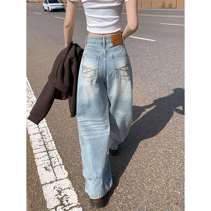 蓝色水洗折痕阔腿牛仔裤女秋季新美式慵懒风显瘦直筒宽松拖地裤子